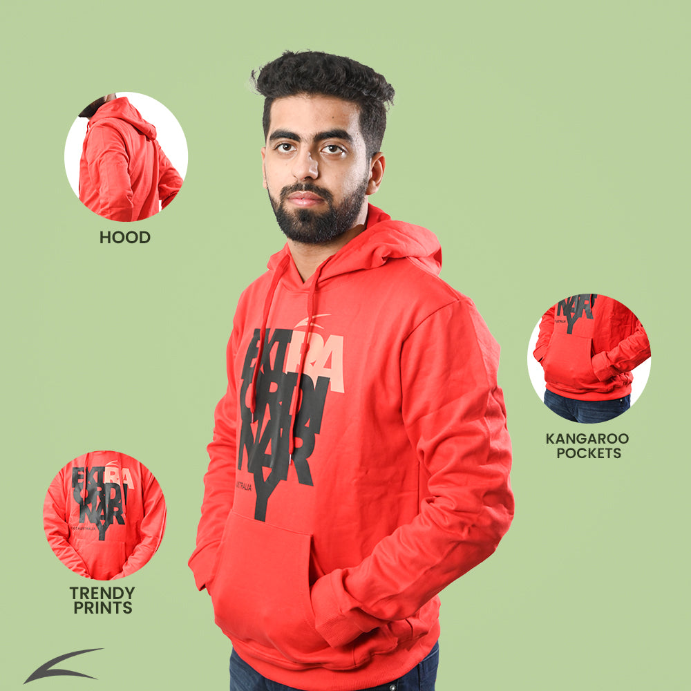 Cozy Red Winter Hoodies For Men, With Front Kangaroo Pockets